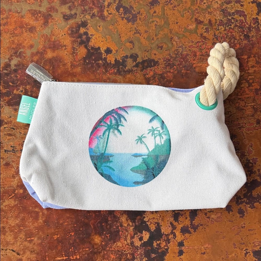 NWOT Thierry Mugler🏝️Tropical Print Canvas Pouch Makeup Travel Rope Wristlet Bag